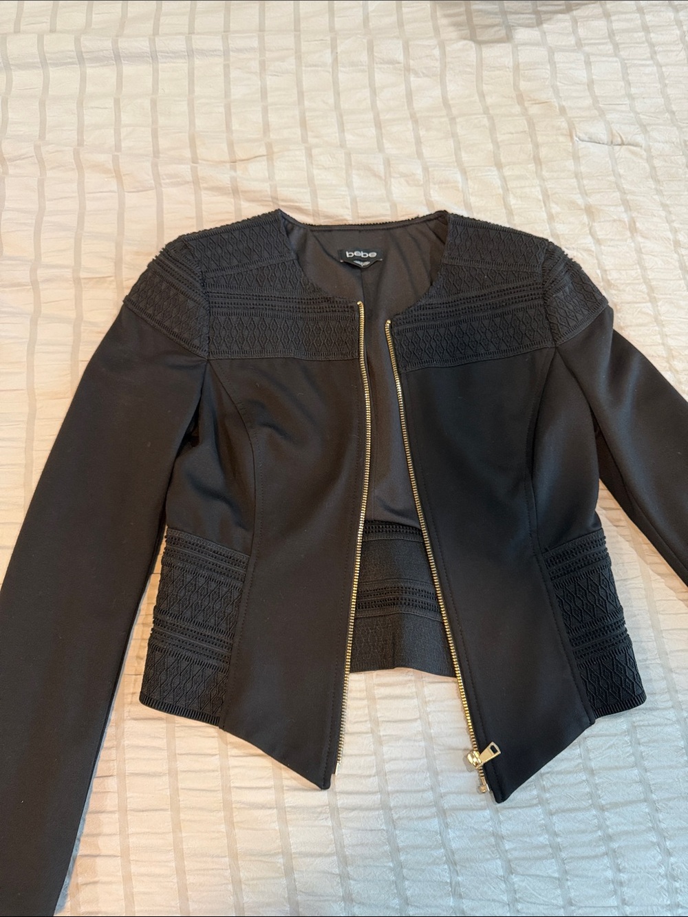 bebe Black Collarless Zip-Front Textured Jacket